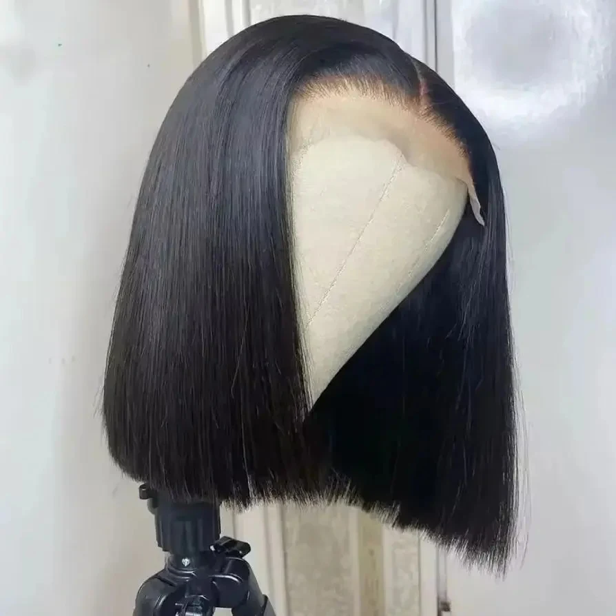 Perruque Courte Bob Droite Densité 300, 100% Cheveux Humains, Perruques Courtes Droites Naturelles Noires avec Dentelle HD 13x4