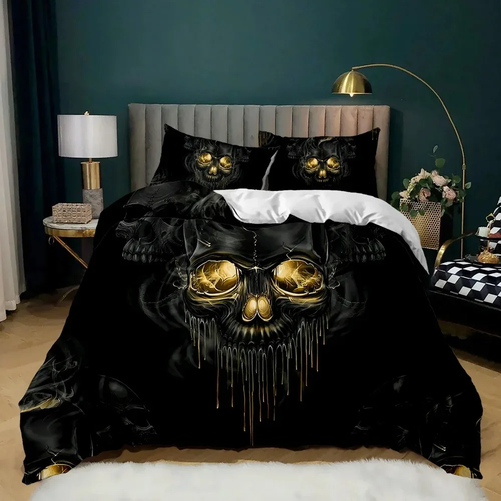 Skull Duvet Cover Set, Abstract Texture with Skull and Crossbones Pattern Aged Rusty Grunge Style 23pcs Polyester Bedding Set