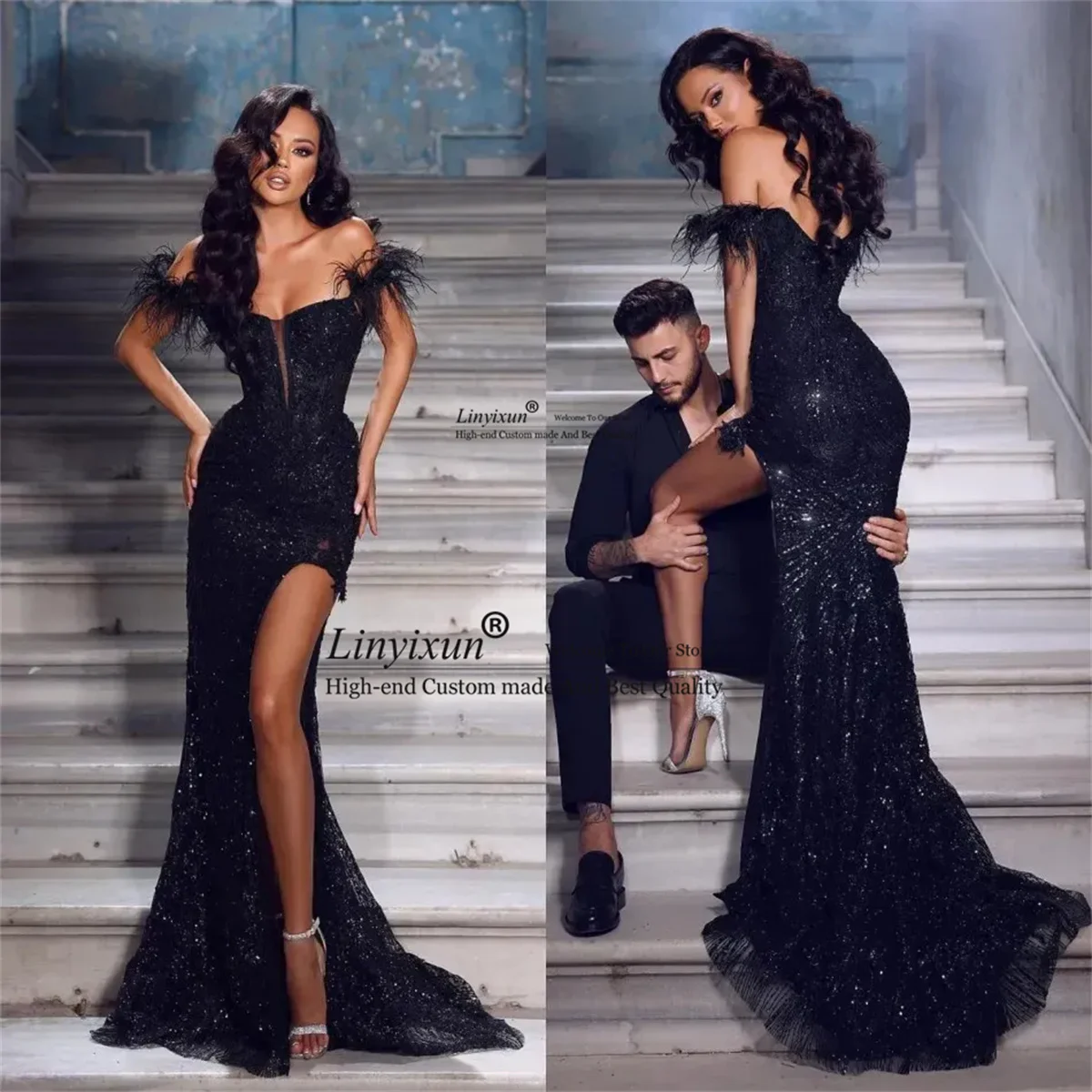 Black Sequins Mermaid Prom Dresses Long Reception Feather Evening Party Gowns African Women Sexy Side Split Vestidos de fiesta