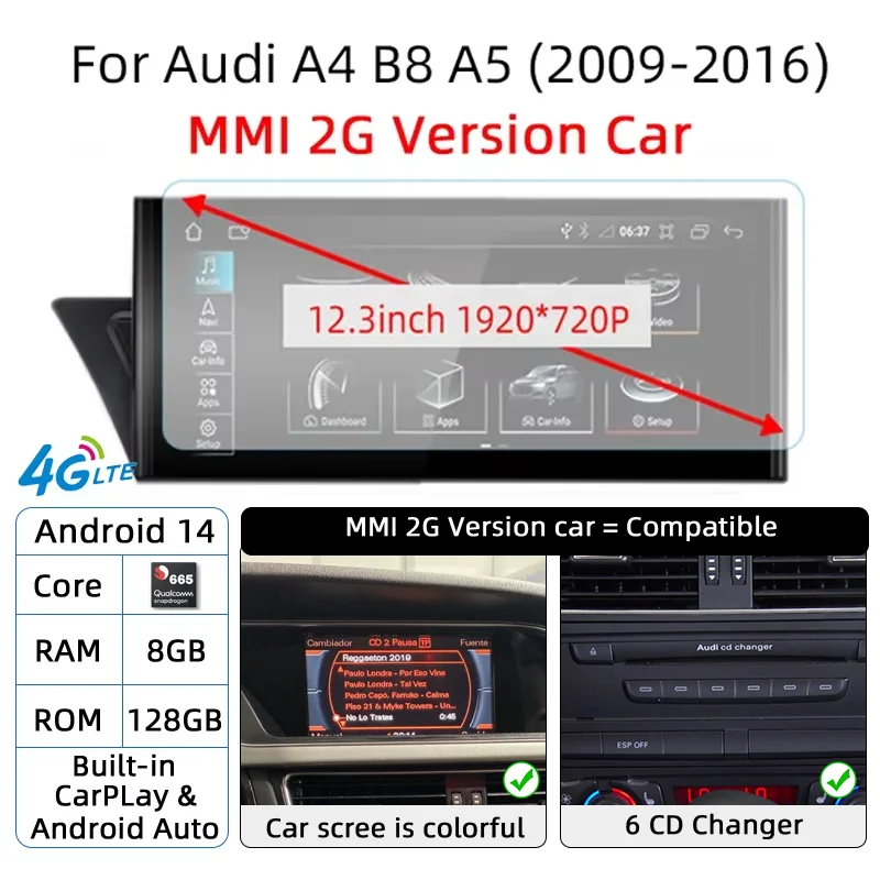 Nunoo Für Audi A4 B8 A5 2008-2017 MMI 2G 3G Android 14 Drahtlose Carplay Auto Radio Bildschirm auto Multimedia-Player GPS Navi Stereo DSP 8