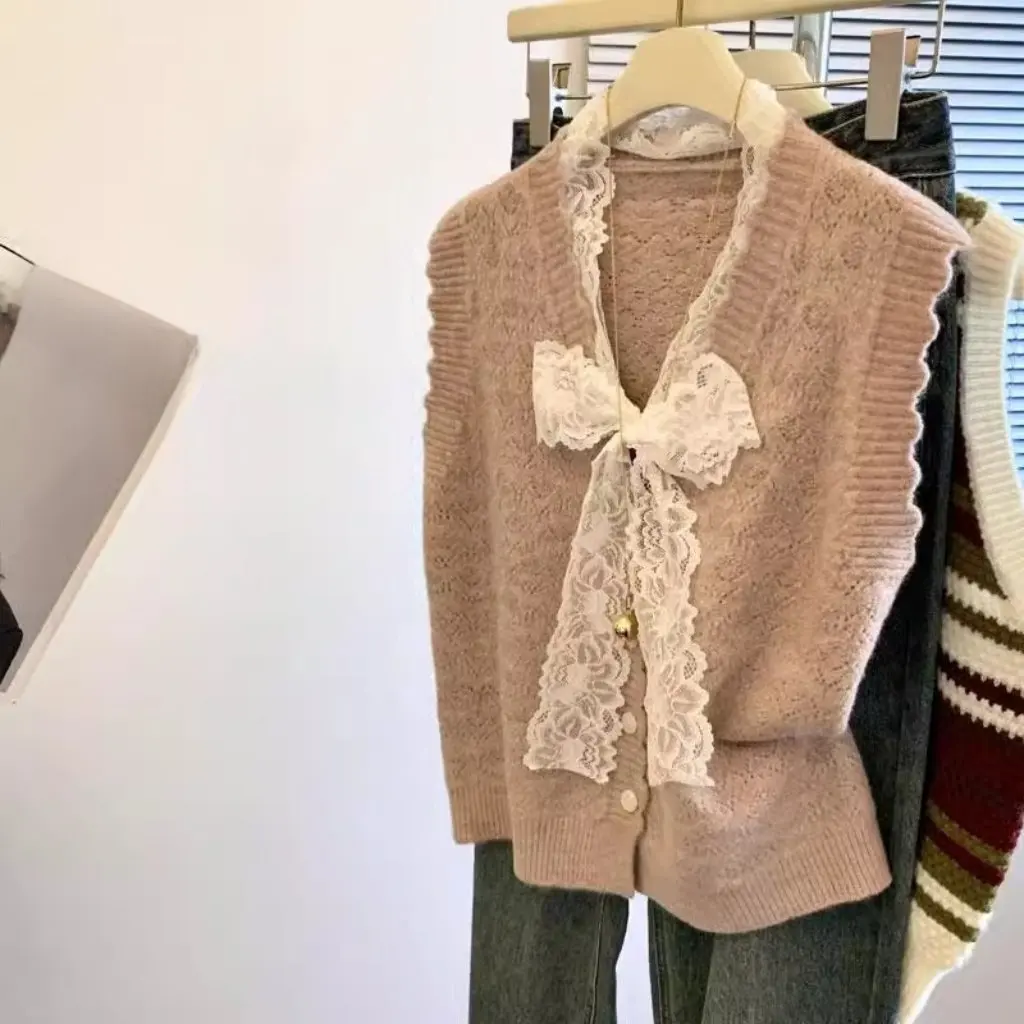 

Women's Sweet Lace Purple Sweater Vest Soft Waxy Inner Knitted Cardigan Spring Autumn Lazy Style New