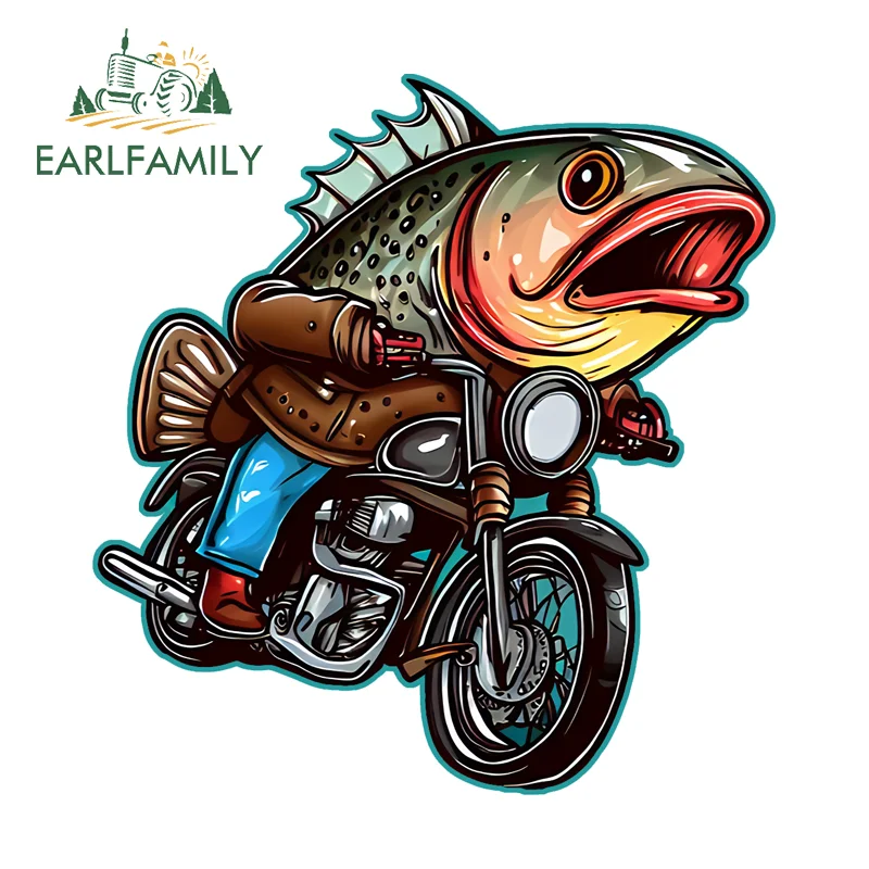 EARLFAMILY Fish Riding Motorbike Graffiti Fahionbale Rear Windshield Decals Practical Waterproof Camper RV Custom Printing