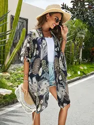 Chiffon summer Korean version of the women's fashion jacket Cardigan Transparent Beach Peacock pattern sunscreen