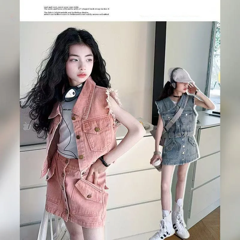 2026 New Girls Summer 2 Pcs Set Heavy Craft Sleeveless Denim Vest & High Waist Skirt for 120-170CM