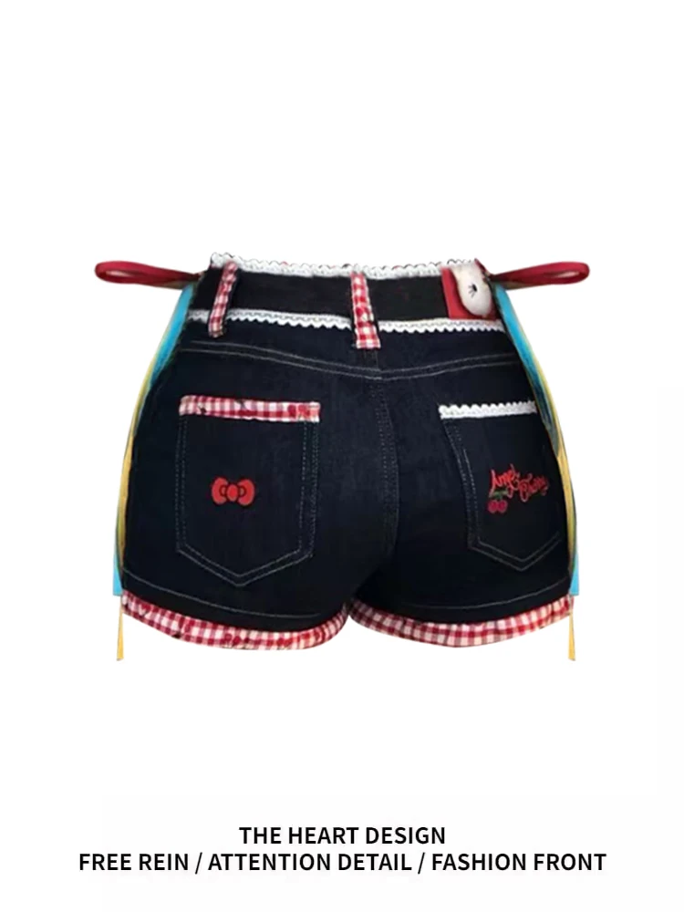 

Sweet Cool Kit Embroidered Rope Denim orts Women Summer Design Slimming Butt Hot Pants High Waist Wide Leg Jeans