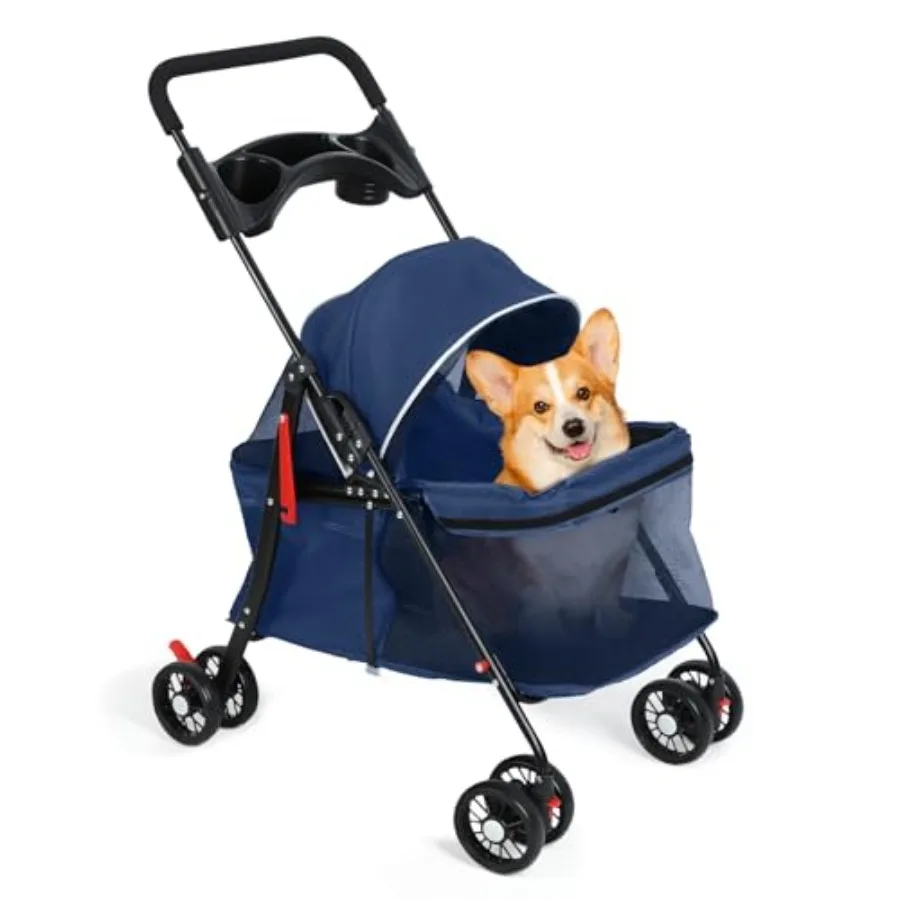 

Outdoor travel pet stroller for small dogs and cats, blue folding 4-wheel stroller with cup holder, breathable visible mesh