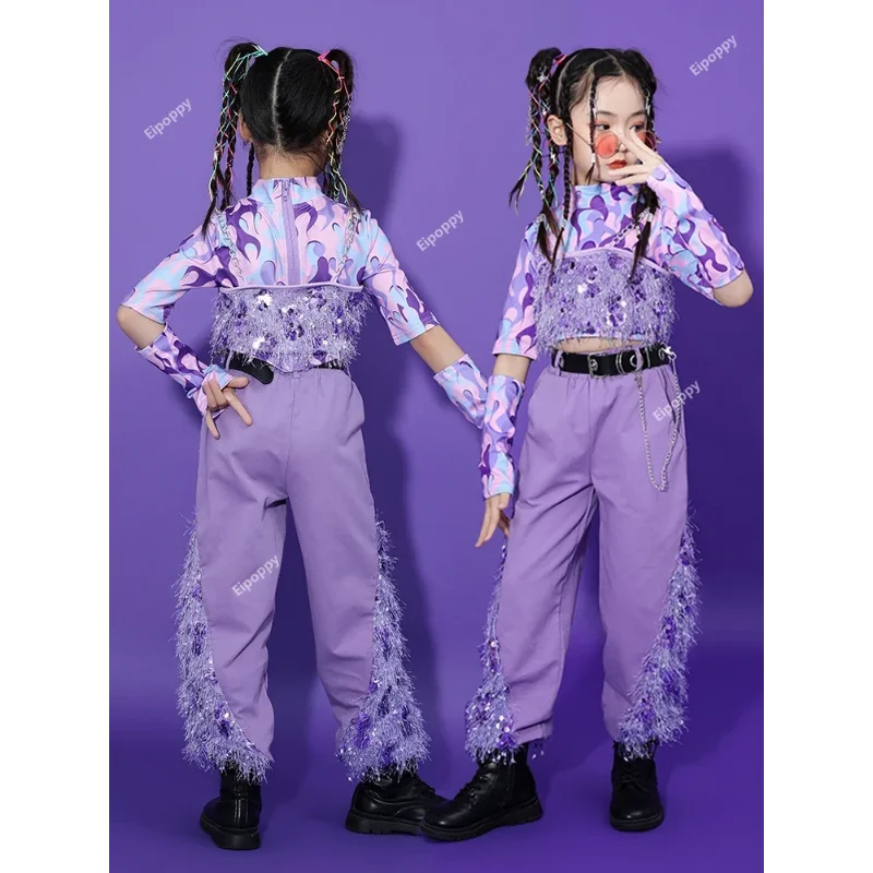 女の子のためのスパンコールジャズダンスパフォーマンスコスチューム、子供のための光沢のあるストリートウェア、ステージパフォーマンス、ファッショナブル