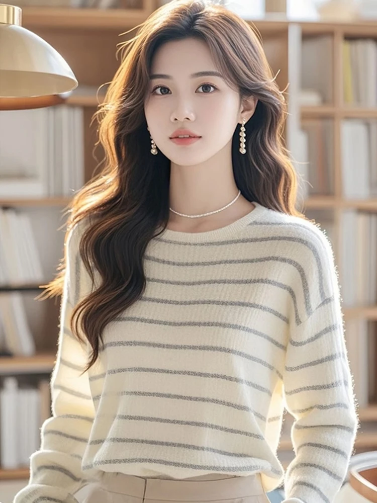 

Модный женский вязаный джемпер с круглым вырезом в полоску, свободный повседневный базовый топ для осени и зимы, бренд Bule Euro Sle, корейский стиль для работы и отдыха