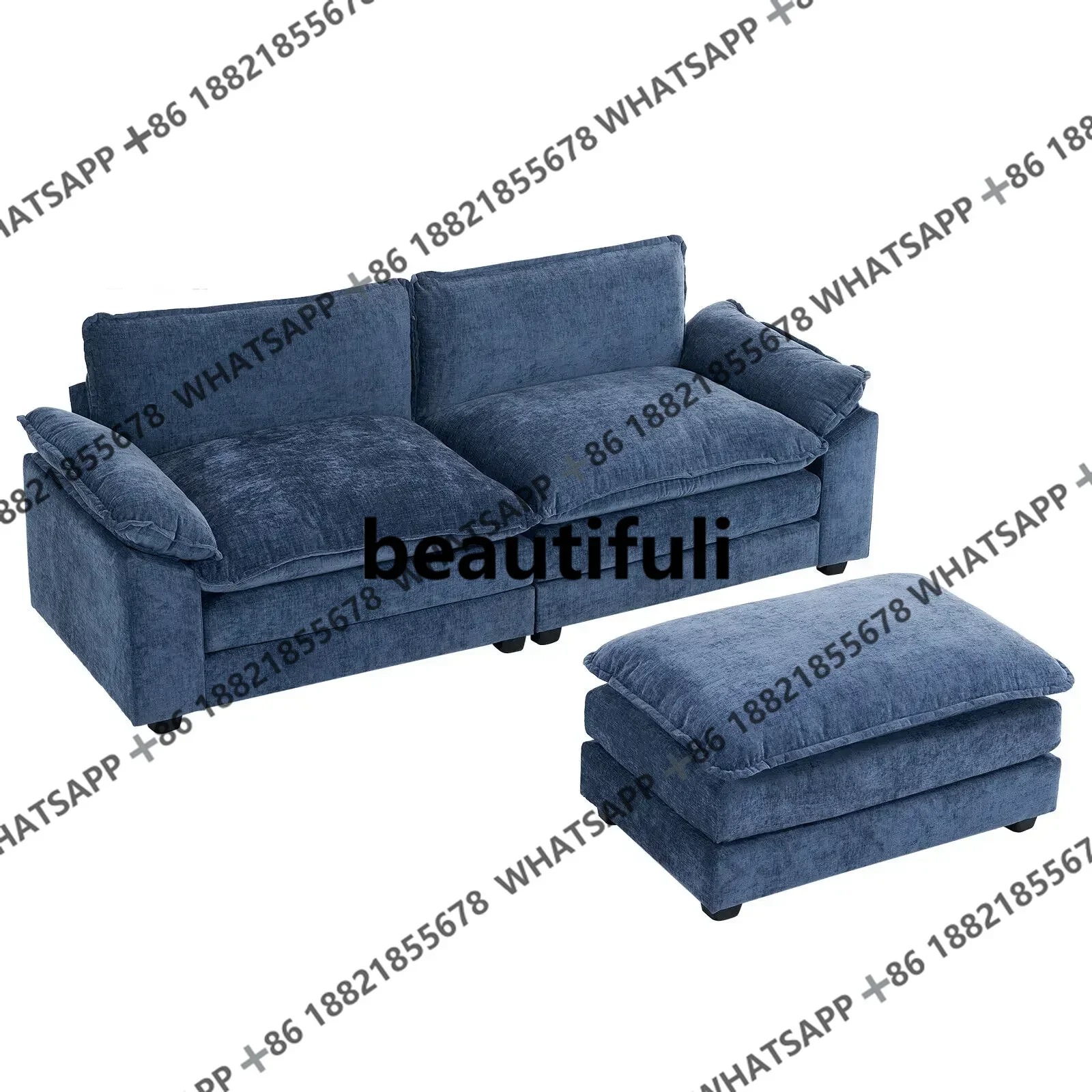 Living Room Sofas Chenille Puffs Two-Seater Sofa With Footstool Sofa Double Bag Indoor Double Black Home Furniture