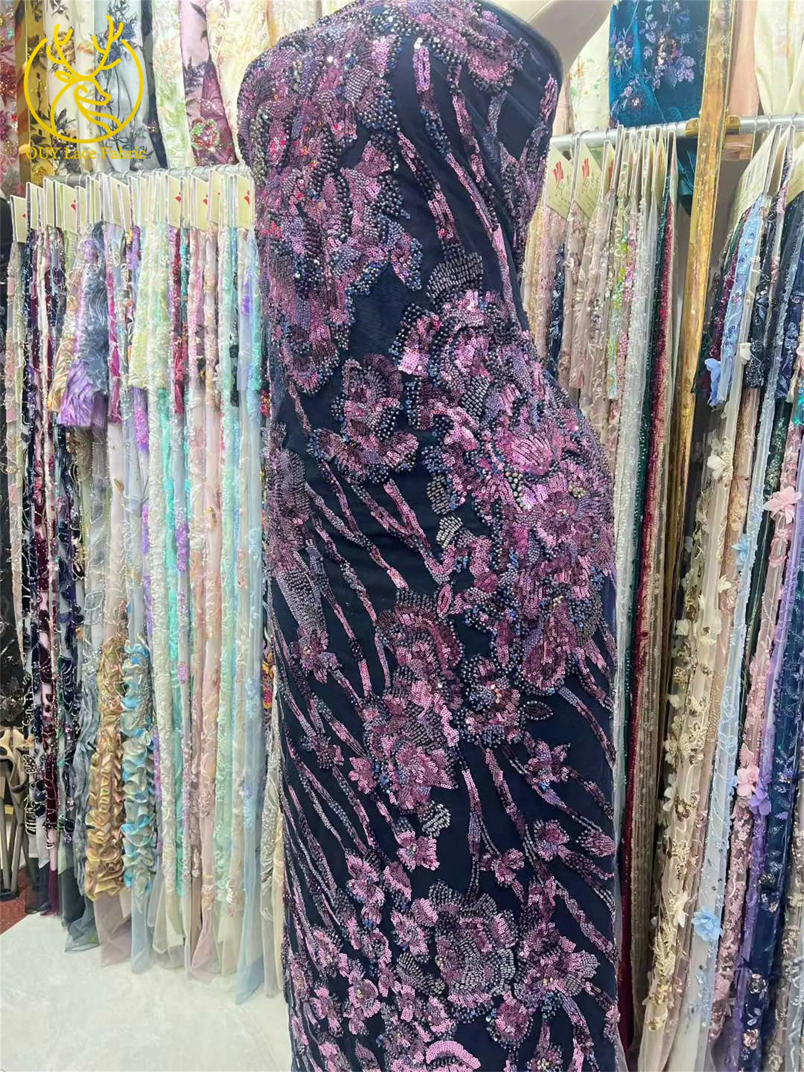 Luxuriöser afrikanischer handgefertigter schwerer Perlen-Spitzenstoff 2026 nigerianischer Pailletten-Mesh-Spitzenstoff für Damen, Party, Hochzeitskleid – Detail 6