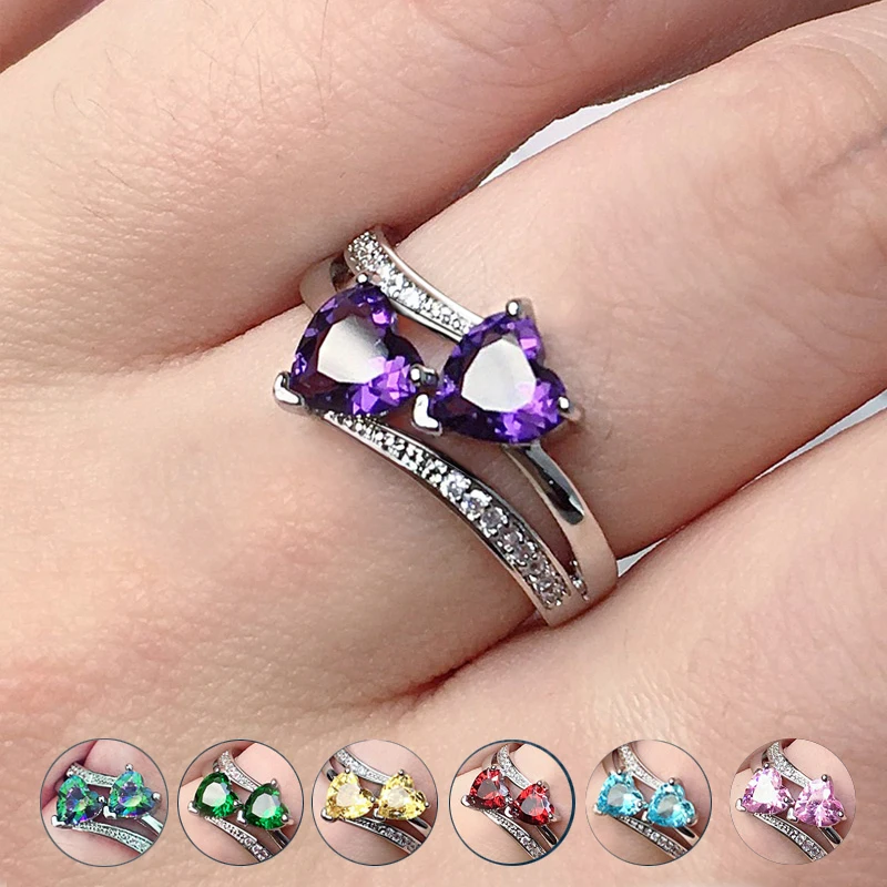 New Stylish Female Rings Silver-plated Double Heart-Shaped Cubic Zircons Wedding Ring for Women Girls Nice Gift  Birthday