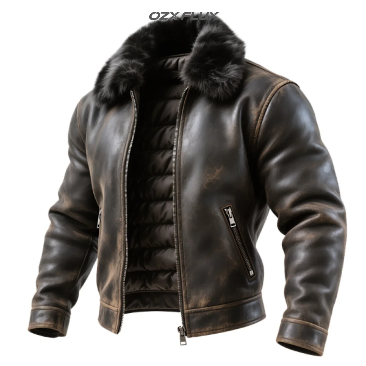 Men's Vintage Black Biker Jacket with Fur Collar Zip Up Motorcycle Style Coat Retro Distressed Look for Casual Outdoor Wear