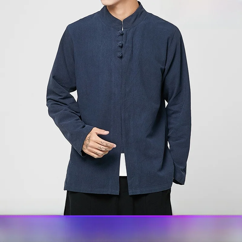 

Мужская льняная рубашка с длинным рукавом, воротником-стойкой и пуговицами, в китайском стиле, весенняя, повседневная, свободного кроя, молодежная, однотонная