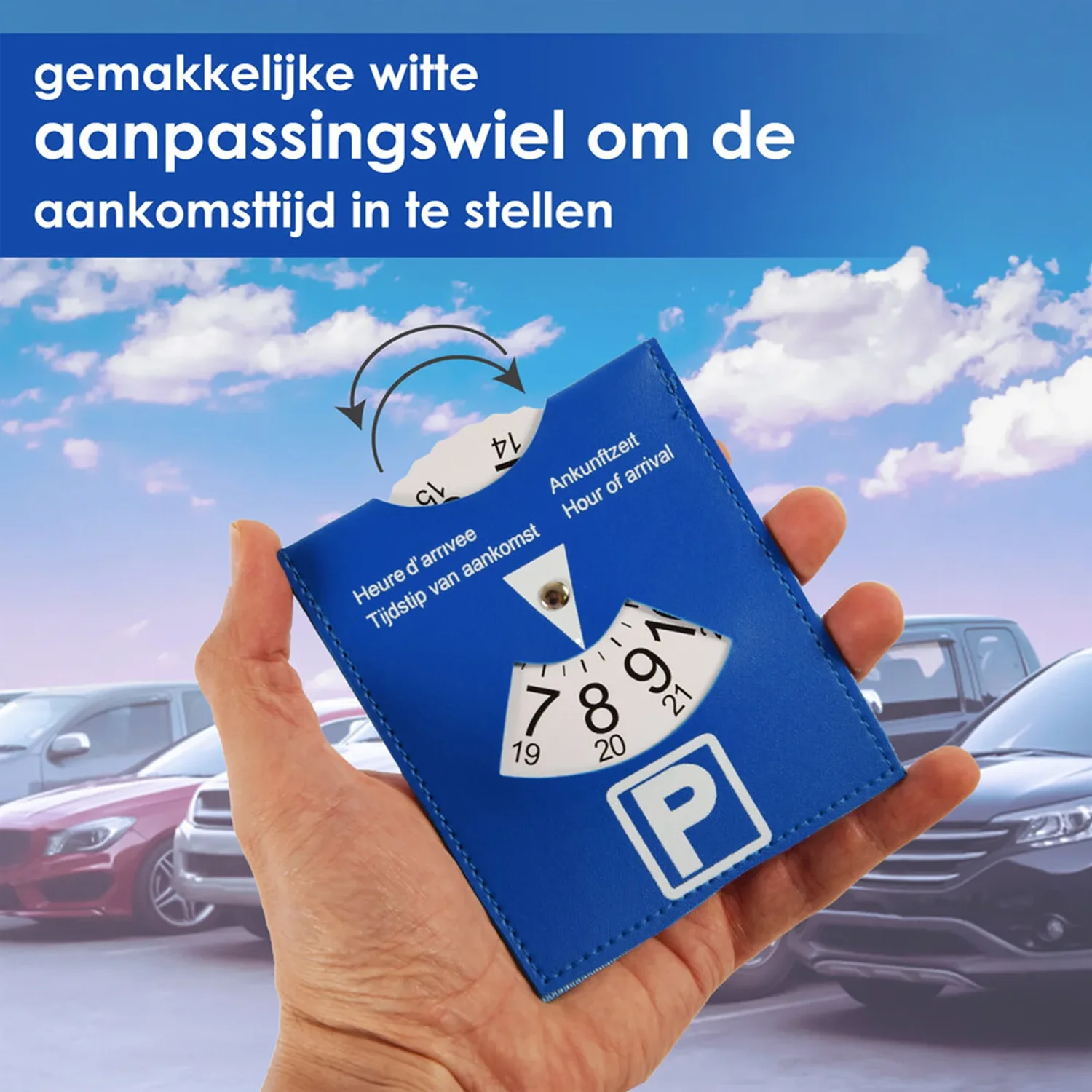 Blue PU Leather Parking Disc 4 Language Version Durable & Water-Resistant Arrival Timer for Car - Universal European Design