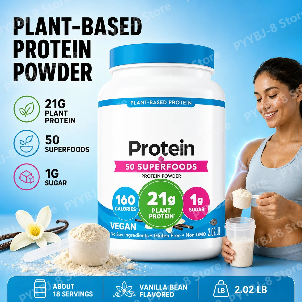 Vegan Plant‑Based Protein Powder, 2.02 Lb with Vegan Protein Prebiotic Fiber Daily Nutritional Health for Men & Women