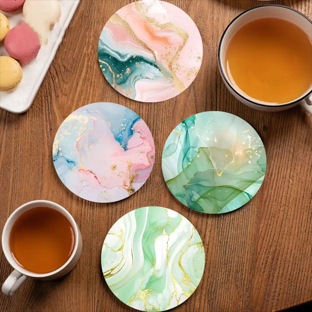 Colour Blue Gold White Marble Pattern Art Painted Wooden Anti-slip Coasters, Suitable For Decoration Of Living Room Kitchenware