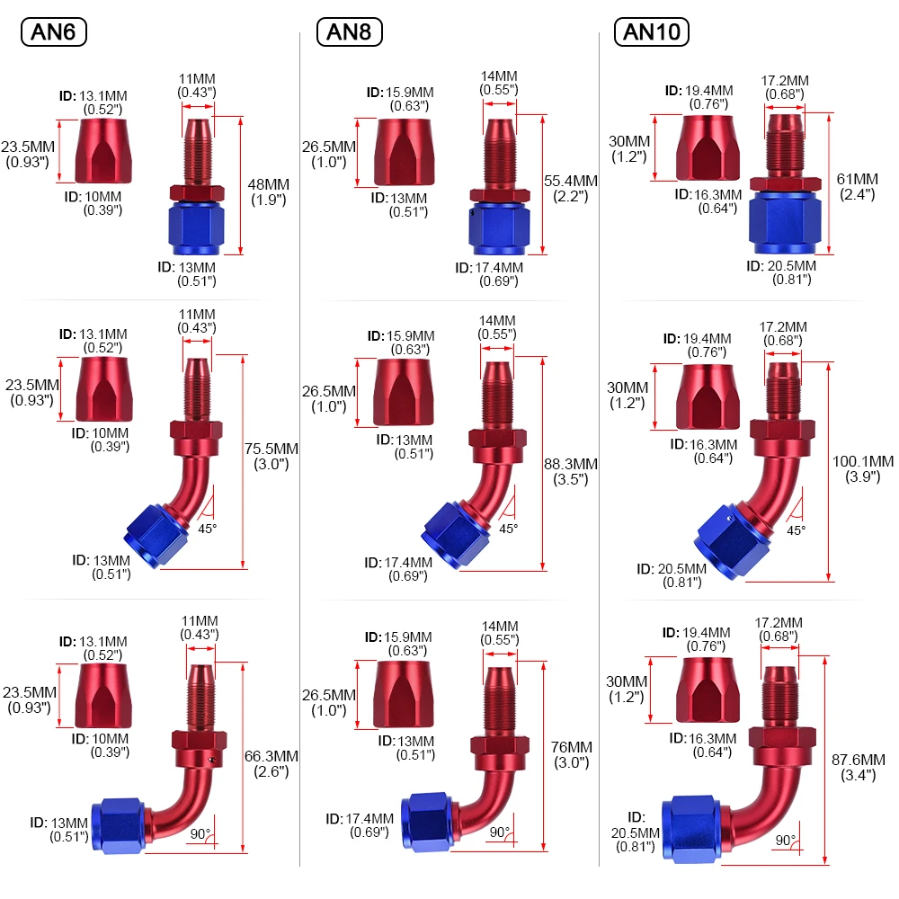 AN6 AN8 AN10 AN12 AN16 Straight 0 45 90 180 Degree Oil Fuel Swivel Hose End Fitting Oil Hose End Adaptor Kit Red and Blue