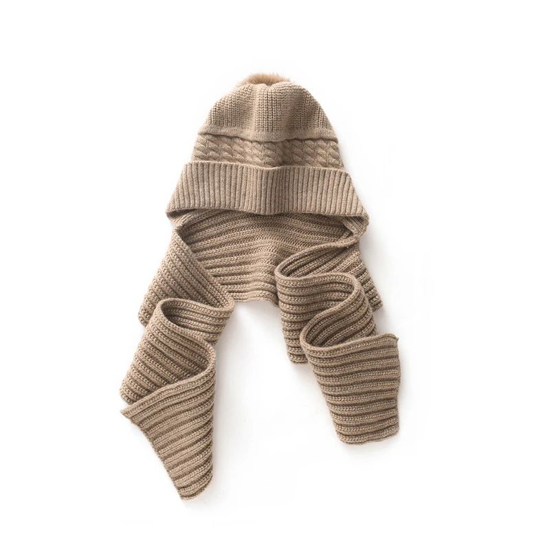 Women's Winter Pure Cashmere Scarf Hat One-Piece Knitted Warm Jacquard Furry Ball Hat Outdoor Windproof Neck Warmer Overhead Hat