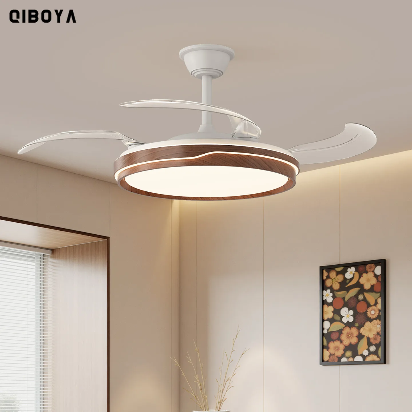 Retro Wooden Leafless Fan Light Digital Display LED Ceiling Fan Lamp For Living Room Bedroom Dining Room Indoor Lighting Decor