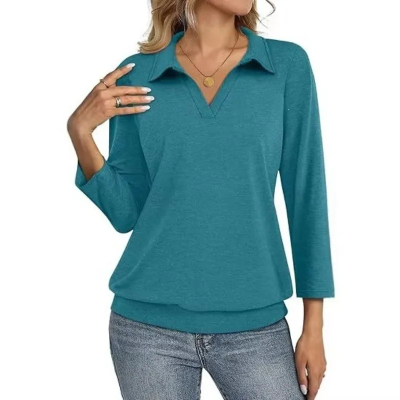 New Type of Women's V-neck Solid Color Cotton Commuting T-shirt with A Wind Sleeve for Cross-border Trade in Europe and America