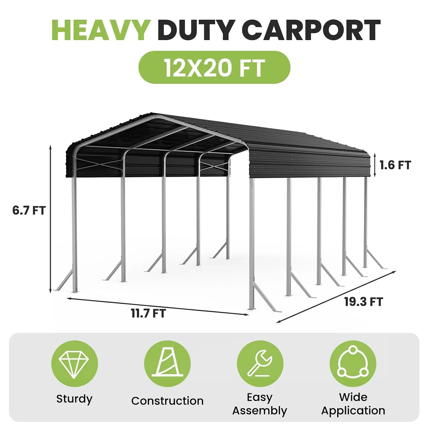 12x20 FT Heavy Duty Metal Carport, Reinforced Outdoor Car Shelter, Grey | All-Steel Frame, Waterproof Roof,, Customized