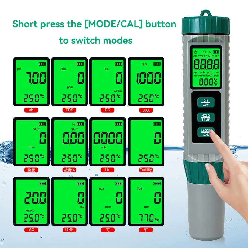 New 10 In 1 PH Meter PH TDS EC Salinity ORP H2 S.G MΩ Resistivity Fertility Temp Water Quality Monitor for Aquariums Hydroponics