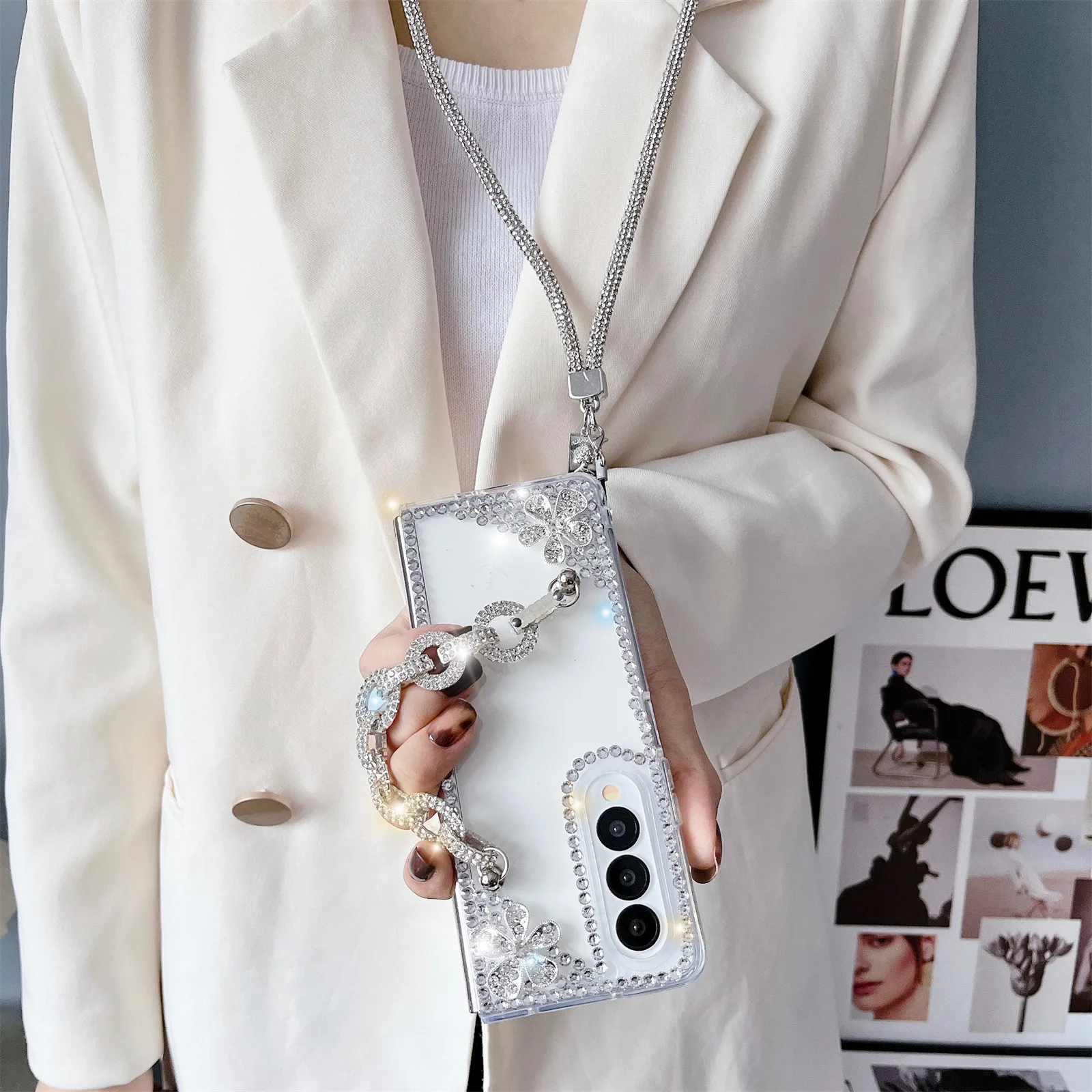 for Samsung Galaxy Z Fold 4 Case Cute for Women Girls Luxury 3D Handmade Sparkle Pearl Strap Chain Diamond Bling Glitter Cover