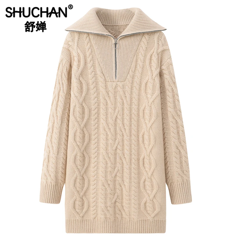 Thick Warm 100% Cashmere New Winter Sweater Women Pullover Oversize Women Zippers Turn-down Collar  LOOSE Long Pullover