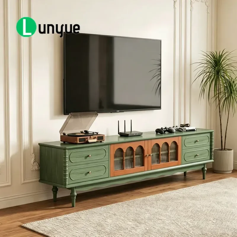 French Retro Solid Wood TV Cabinet Coffee Table Storage Combo Small Living Room Furniture Space Saving Multifunctional