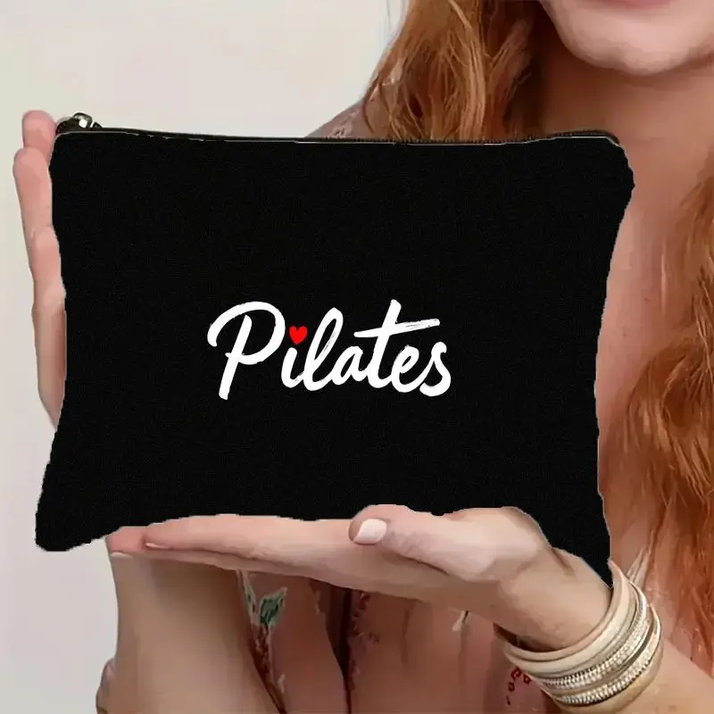 1Pc Pilates Exercise Heart-Shaped Retro Design Multifunctional Travel Makeup Bag, Snack Storage Bag, Stationery Storage Bag, Fashionable Toiletry Bag, Canvas Double-Sided Printed Zipper Pouch