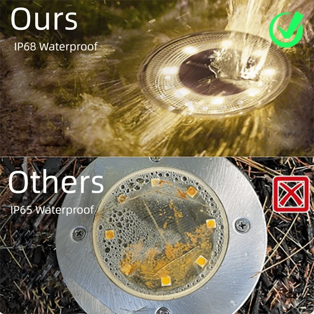 

8-диодный уличный солнечный светильник из нержавеющей стали, работающий от солнечной энергии, подземный светодиодный светильник, IP68, водонепроницаемый, для дорожек и газонов