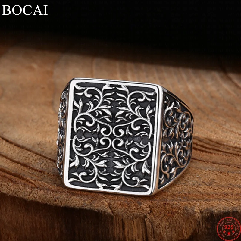 

BOCAI S925 Sterling Silver Charms Rings for Men Women Retro Eternal Rattan Pattern Square Fashion Punk Jewelry Free Shipping ﻿