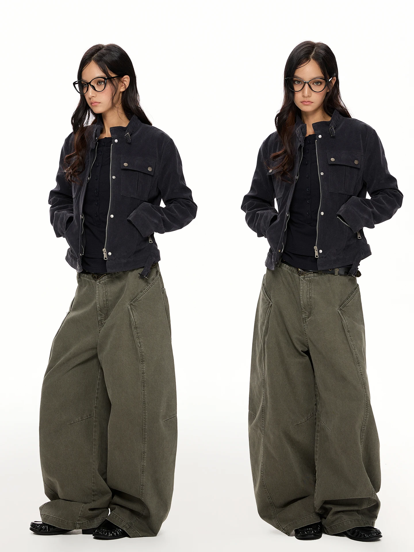 Kurtka damska w stylu retro, amerykańska, vintage, ze sztucznej skóry, wielowarstwowa, robocza, z ozdobnym zamkiem błyskawicznym na ramieniu.