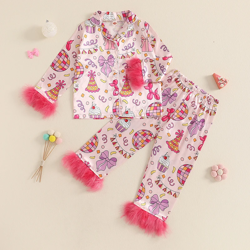 1-9Years Toddler Girls Birthday Pajamas Sets Fur Trim Long Sleeve Bow Print Shirt + Long Pants Kids Infant Sleepwear Homewear