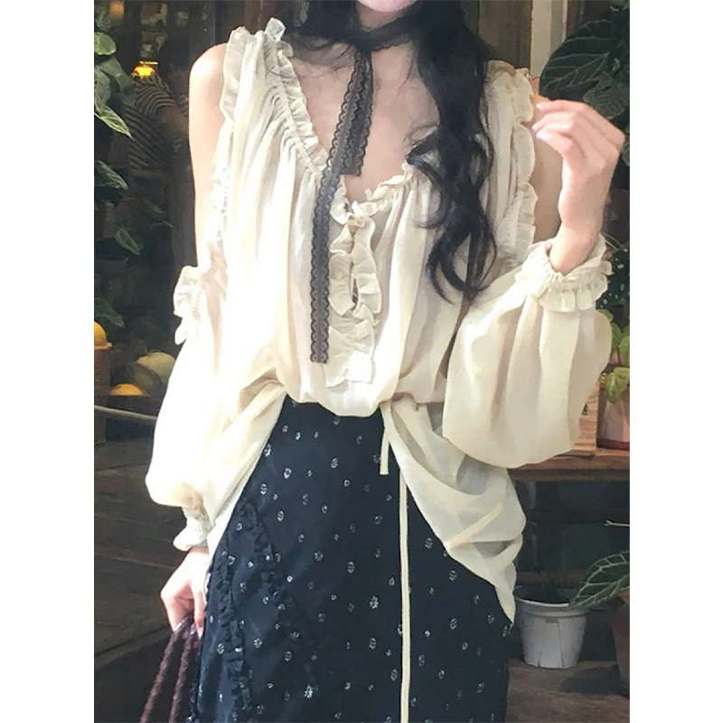 

MEXZT Elegant Chiffon Shirts Women Fashion Ruffles Off Shoulder Blouses Summer Korean Sexy V Neck Sheer Long Sleeve Design Tops