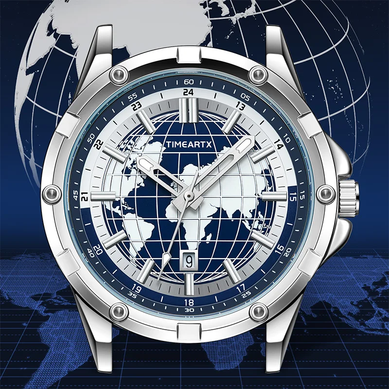 TIMEARTX Men's Quartz Chronograph Watch Map Design Dial Luminous Waterproof Stainless Steel Band Fashion Business Wristwatch