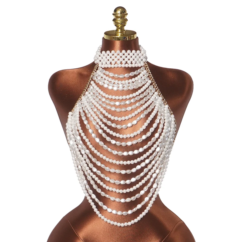 Damen-T-Shirts und Polos, mehrschichtige Perlen-Körperkette, elegante Halskette, Neckholder, für Hochzeit, Party, Abend, Top+женский – Detail 7