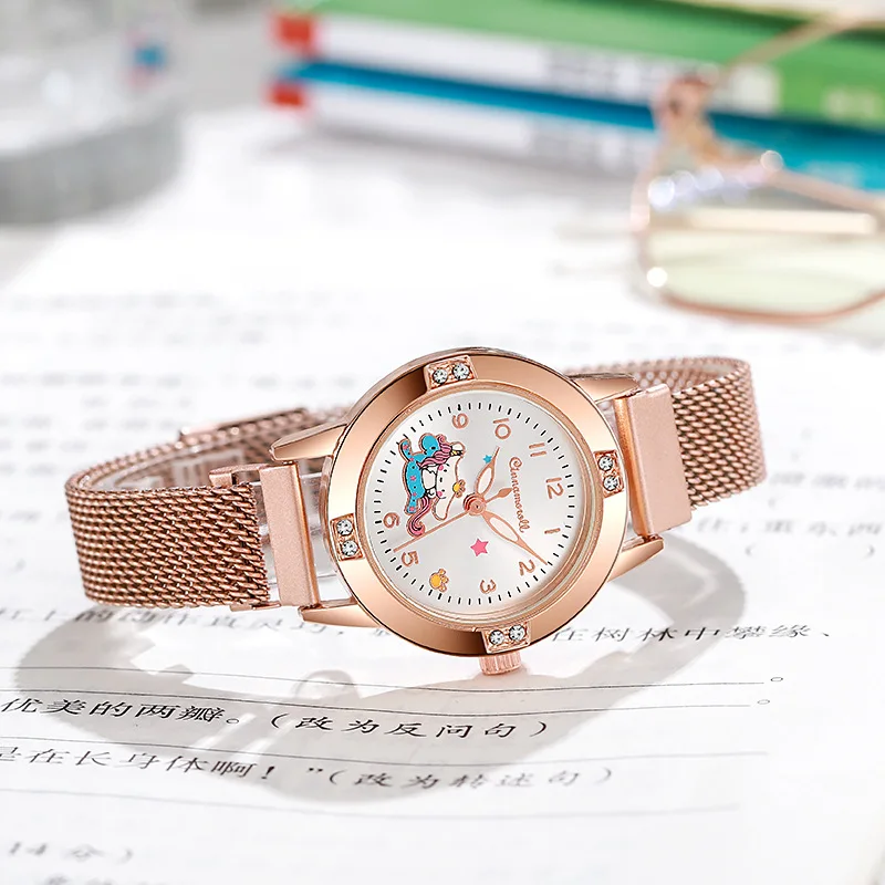 New Hello Kitty Diamond Watches Women Cat Bow Kawaii Pink Ladies Gold Sliver Metal Jewelry Cartoon Magnetic Watch Girls