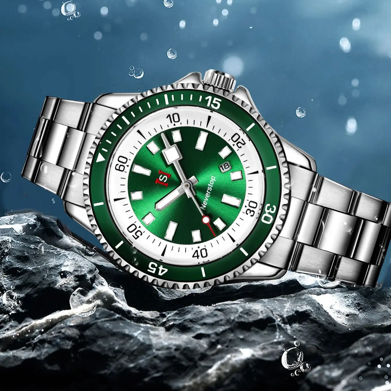 NS Diving style Mens Watch Stainless steel waterproof glow-in-the-dark watch Metal strap Daily swimming sports watch