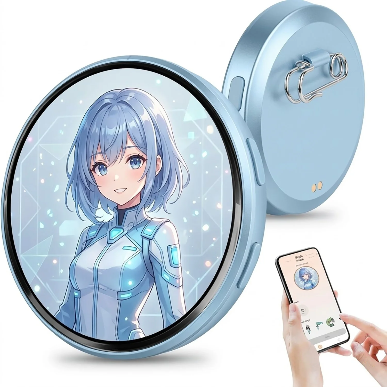 Smart Dynamic E-badge 1.85'' HD 360*360 Screen Electronic Badge Transfer Photos GIFs, Animations, and Videos for Otaku Fans Gift