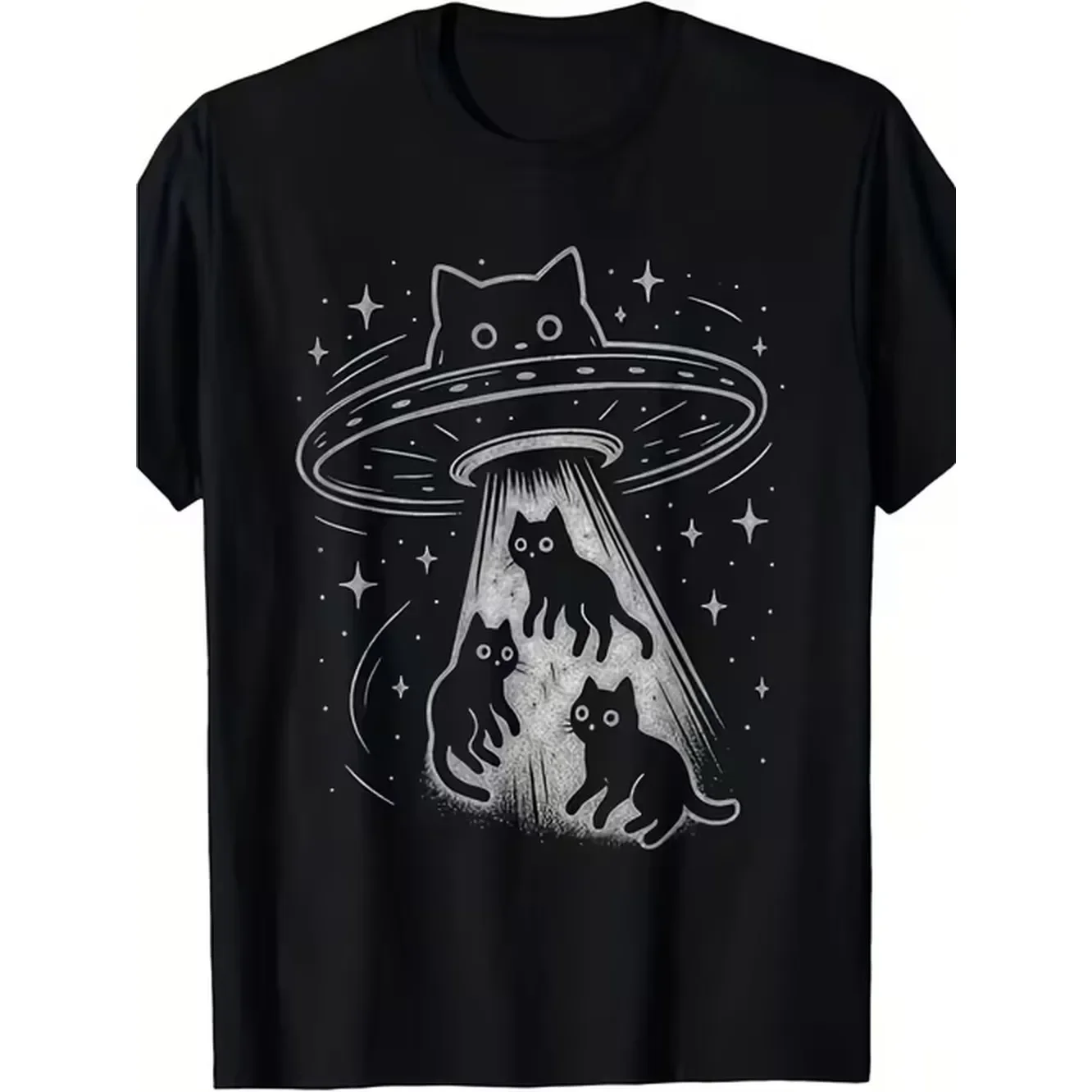 Funny Cat Ufo Cute Kitten Spaceship Aesthetic T Shirt Mens Casual Short Sleeves Print Round Neck Suitable For