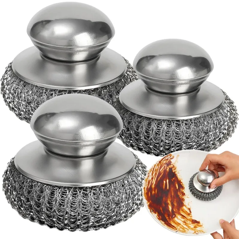 

Щетка для мытья посуды из нержавеющей стали с ручкой, прочный металлический шарик для мытья посуды, 1-10 штук, металлический очиститель для кухни