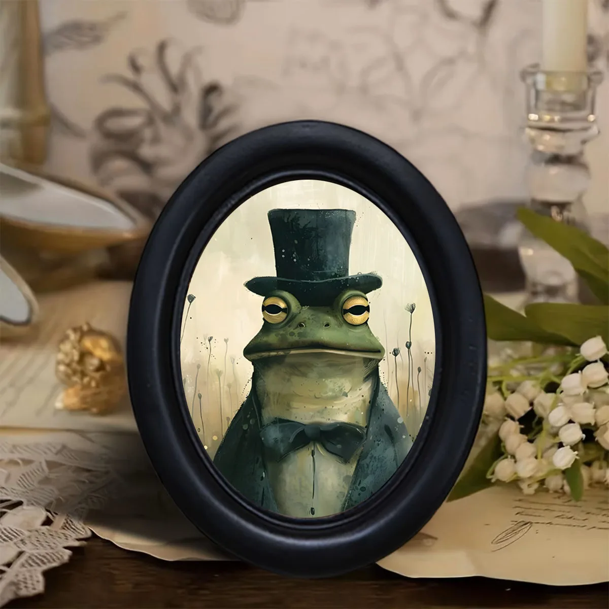 1 Piece of Vintage Gentleman Frog Oval Frame Wall Decoration, High-Top Hat and Bow Tie Frog Decorative Painting, Dark Academy Style Wall Decor for Study Room and Bedroom, Gift for Frog Enthusiasts