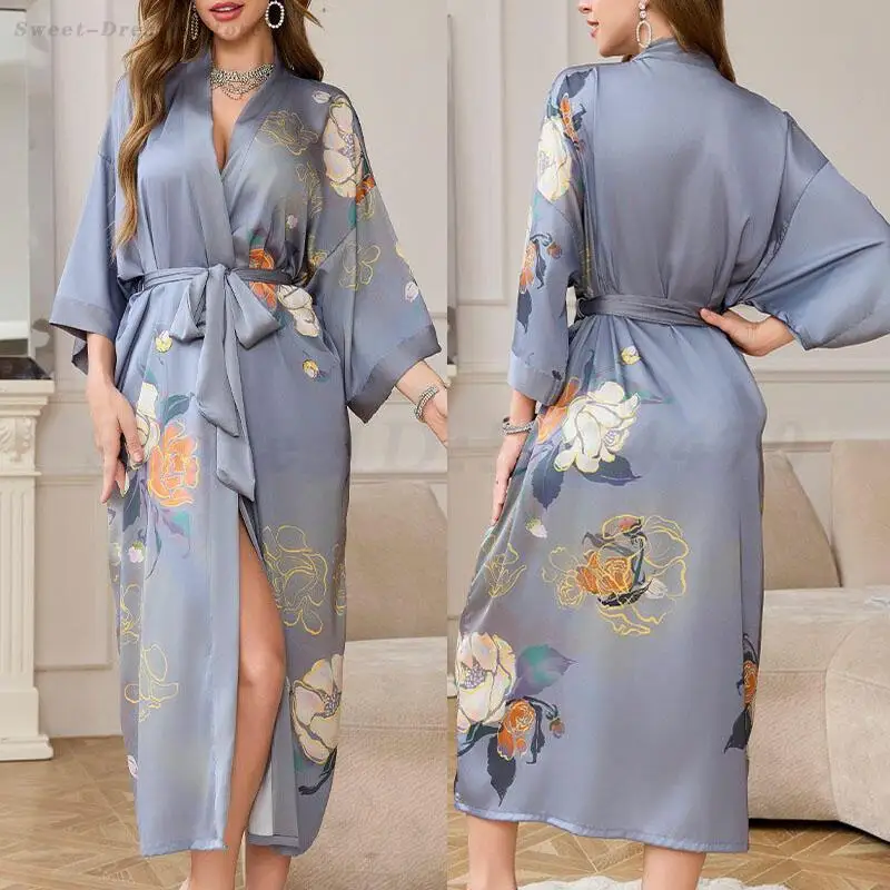

New Chinese Style Long Robe Kimono Bathrobe Gown Women Nightdress Sleepwear Print Flower Nightgown Home Clothes Loose Loungewear
