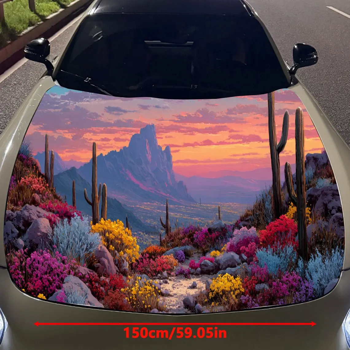 Flower Cactus Mountains Car Hood Vinyl Stickers Car Surface Protection Decal Car Decoration Cover Vinyl Wraps Waterproof Self-ad