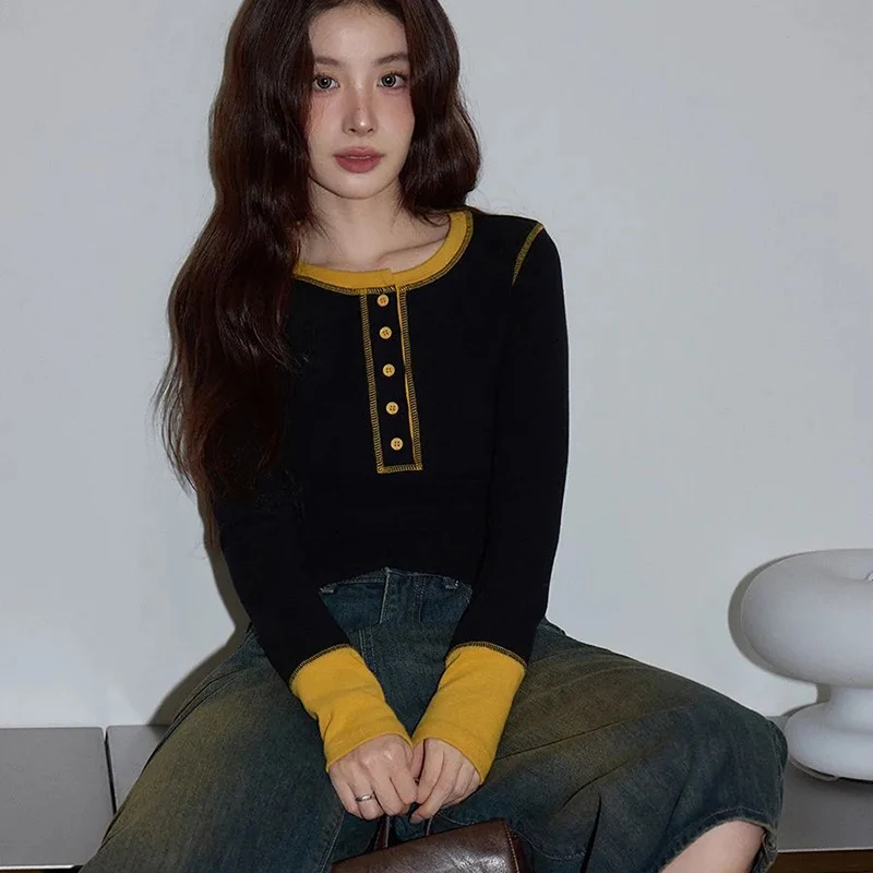 

Korean Patchwork O Neck Tee Women Button Long Sleeve Spring Fall T Shirt Slim Harajuku Y2K Black Top Casual Loose Tee