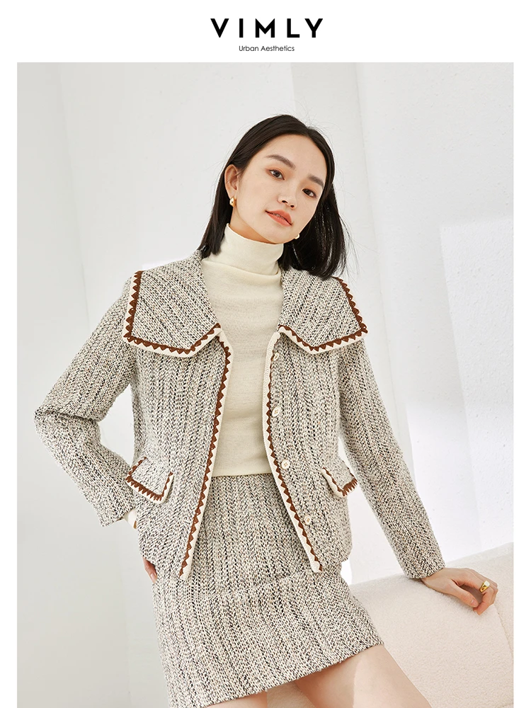 Vimly Elegant Wool Blend Tweed Set Lapel Single Breasted Cropped Jackets A-line Mini Skirt 2023 Autumn Thick Matching Sets M3573