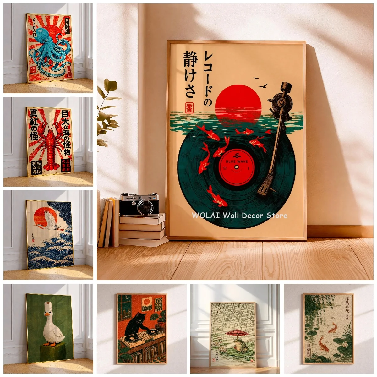 Japanese Retro Music Black Cat DJ Canvas Print Koi Fish Octopus Duck Bathroom Wall Art Poster for Modern Ukiyo-e Home Decor
