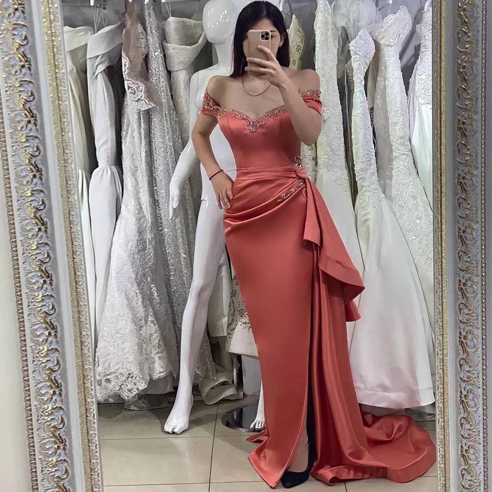 

Classic Women's Evening Ball Gowns Satin Sheath/Column Valentine's Day Dress Orange Off-the-shoulder Crystals Draped Prom Gown