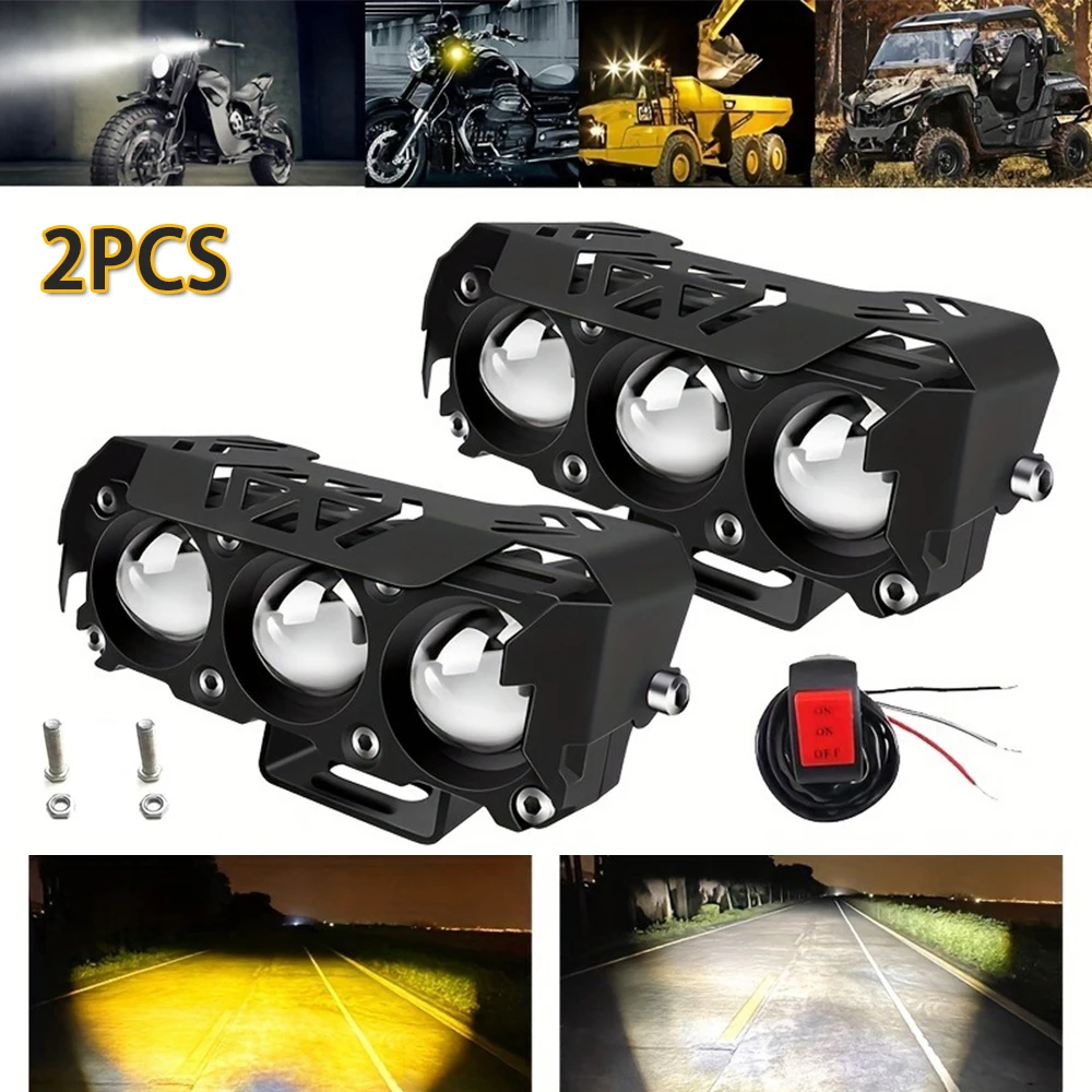 Motorcycle LED Spotlight 3 Lens Headlight Dual Color Hi/Low Beam Mini Driving Foglamp For Car Trucks SUV UTV Spotlight 12V 24V